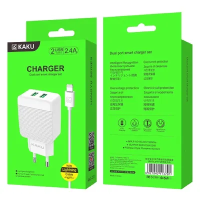 KSC Сетевое зарядное устройство Kaku KSC-371 2 USB, кабель USB-lightning, 2.4 A