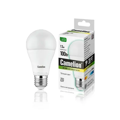  Лампа светодиодная Camelion LED13-A60/830/E27, 13 Вт, колба А60, 3000К Тёплый, Цоколь E27