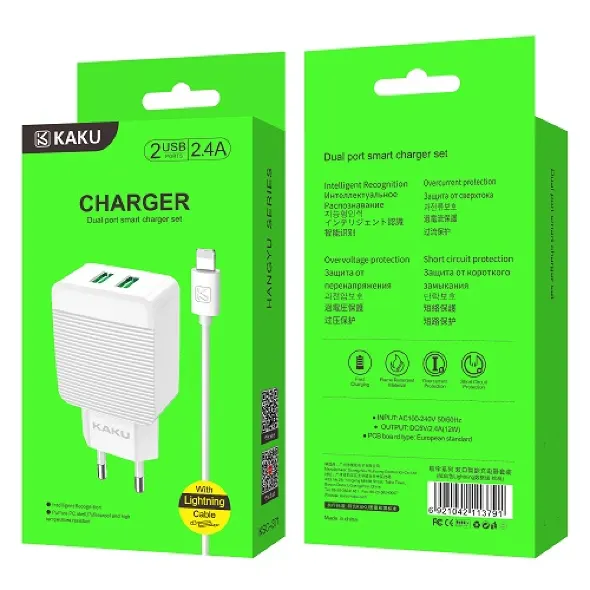 KSC Сетевое зарядное устройство Kaku KSC-371 2 USB, кабель USB-lightning, 2.4 A