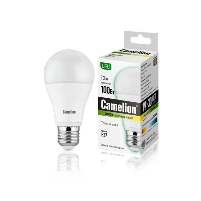 Camelion Лампа светодиодная Camelion LED13-A60/830/E27, 13 Вт, колба А60, 3000К Тёплый, Цоколь E27