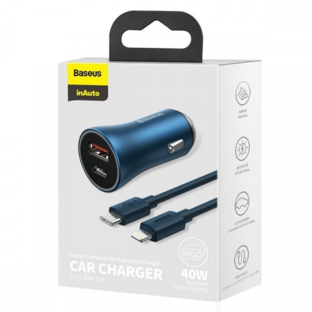 Автомобильное зарядное устройство Baseus Type-C, USB c кабелем заряда Type-C/ Lightning 40w TZCCJD-BOG