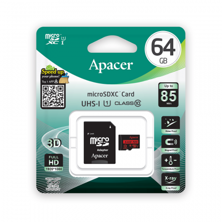 Карта памяти MicroSD Apacer AP64GMCSX10U5-R 64GB с адаптером