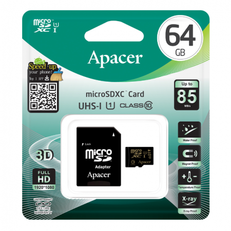 Карта памяти Micro SD Apacer AP64GMCSX10U1-R 64GB + адаптер