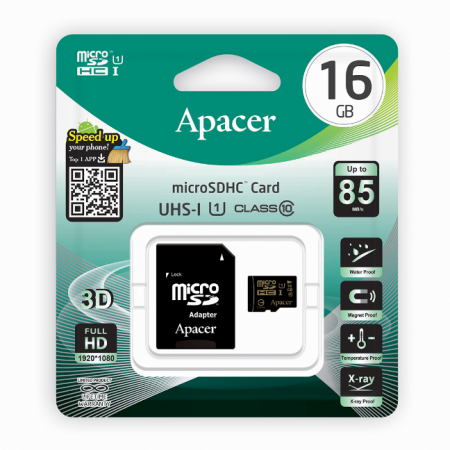 Карта памяти Apacer AP16GMCSH10U1-R MicroSDHC 16GB с адаптером SD